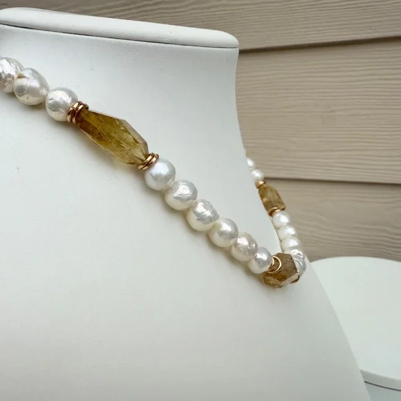 Citrine Pearl Necklace. Handmade  Baroque Freshwater Pearl Necklace. - Picture 8 of 8